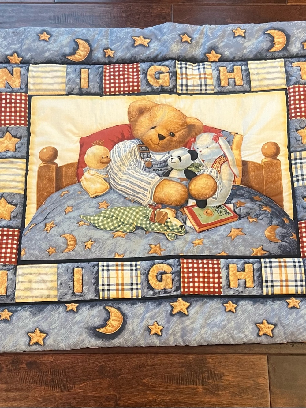 Vintage Blue Jean Teddy Bear Patchwork Baby Quilt Crib Blanket Blue 90s Y2K